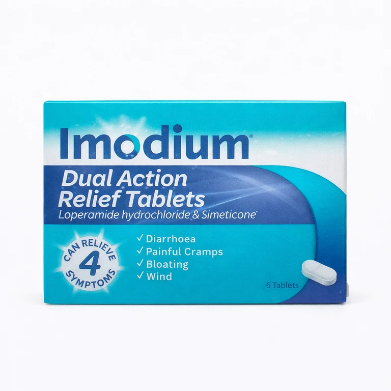 Imodium Dual Action Relief Tablets (Loperamide + Simeticone) x 6 Tablets